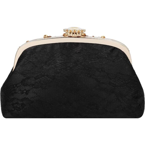 ⚡ Women's Fabric Lace Pearl Chain Rhinestones Black Shoulder Clutch Bag - Picture 8 of 9